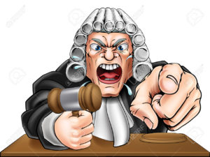 Cartoon angry judge cartoon character screaming and pointing